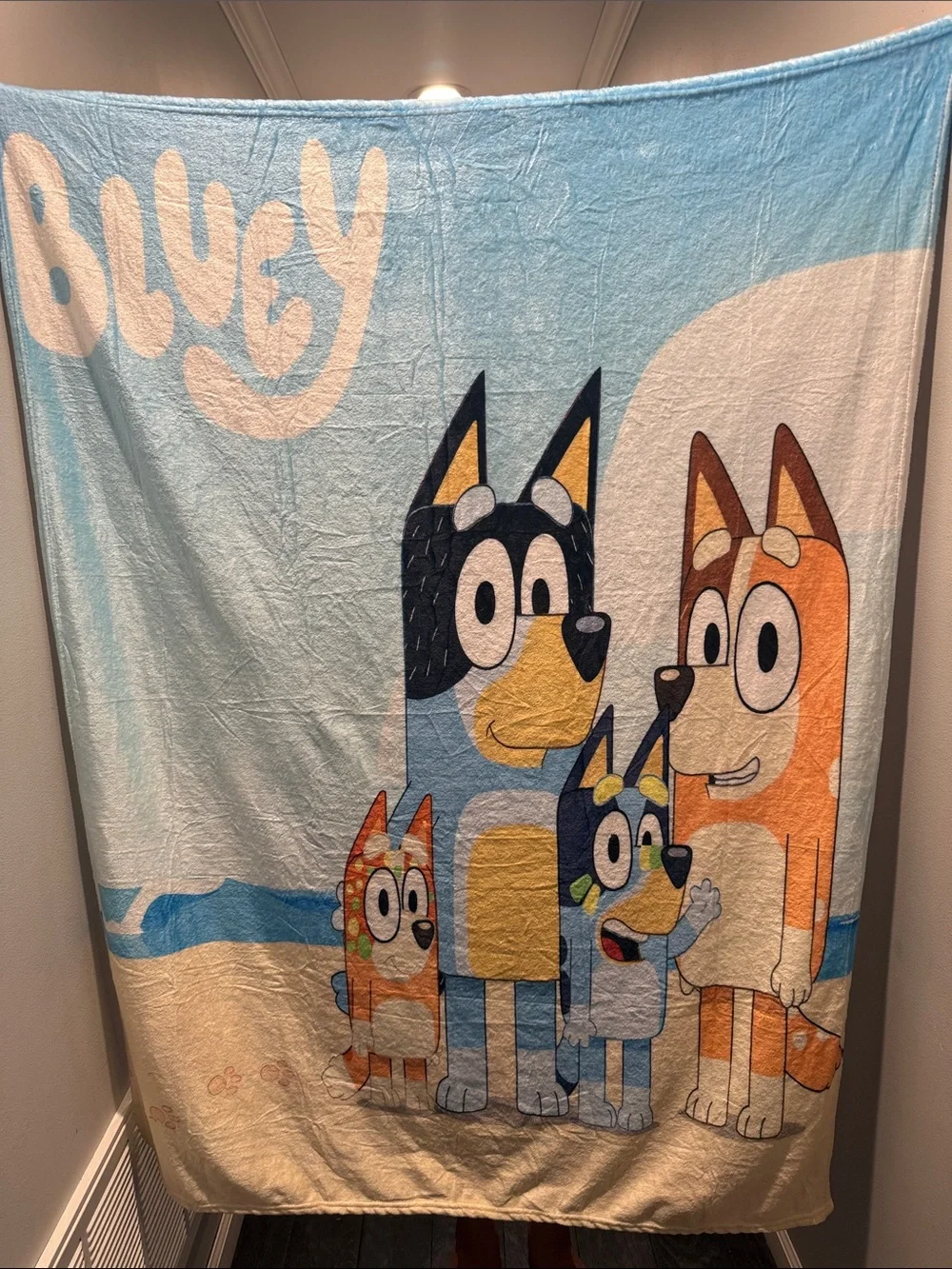 Bluey Family Beach Throw Blanket - Light Blue, Cream, Orange